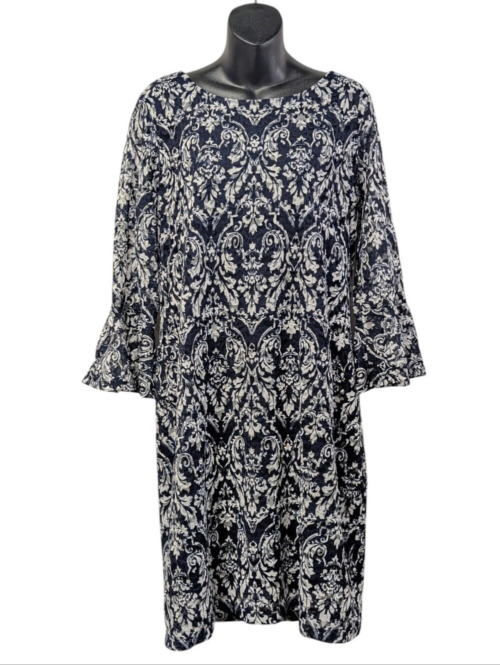 Liz Claiborne Women's Plus Size 18 Navy White Damask Lace Dress Bell Midi Sleeve